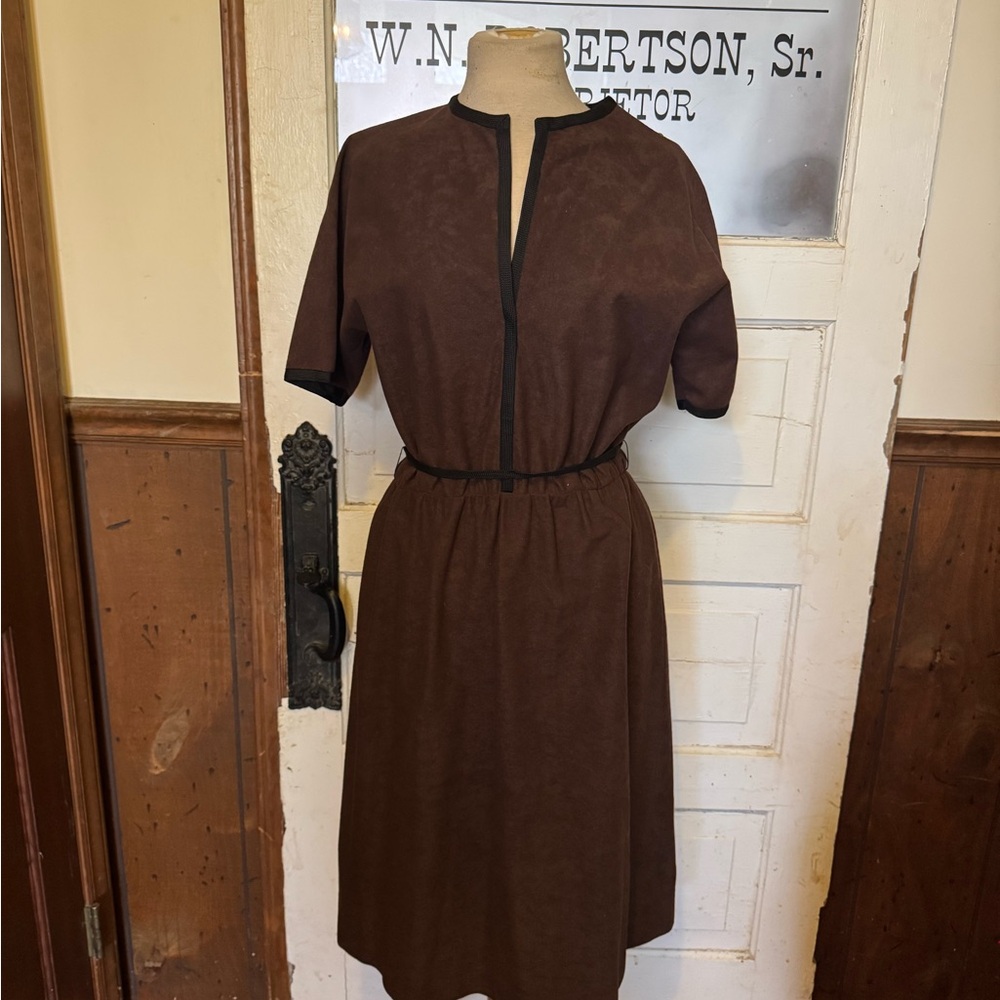 Vintage 1970’s Unique Vintage Brown Midi Dress with Black Trim